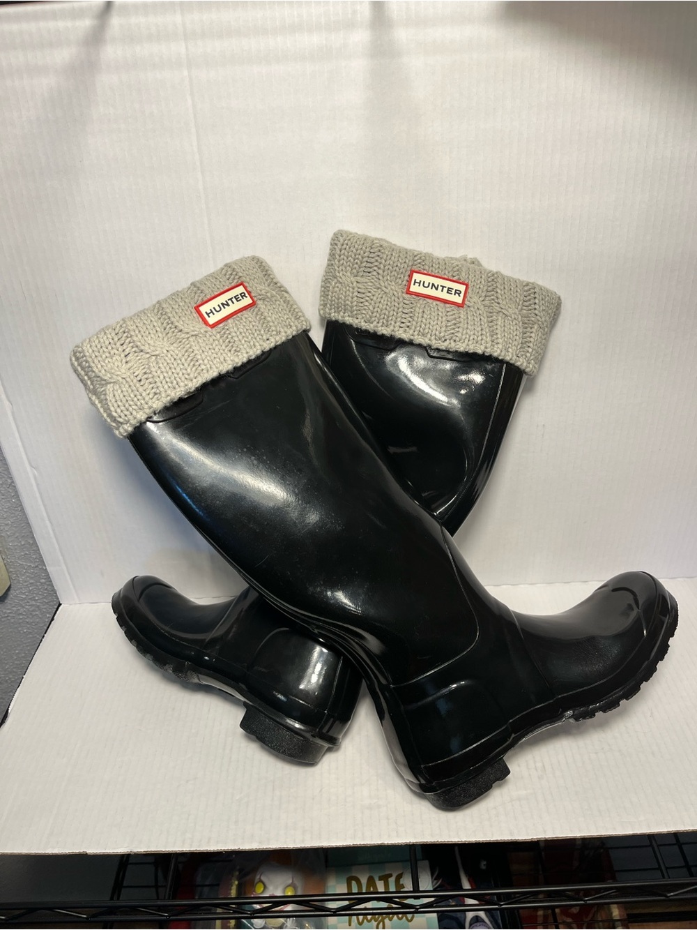 Hunter Tall Black Rain Boots with Cream Knit Cuffs